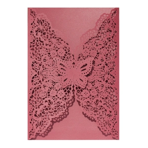 Elegant rose gold laser cut butterfly wedding invitation with floral lace patterns