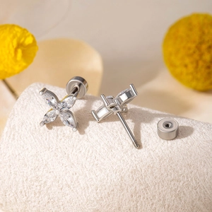 Silver marquise zircon clover stud earrings in titanium steel with screw back closure