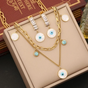 Evil Eye Jewelry Necklace Bracelet And Earrings Stainless Steel Shell Turquoise Zirconia Double Layer Gold Plated