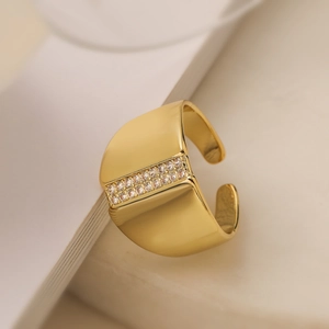 Minimalist 18K gold plated zircon geometric open ring with polished finish
