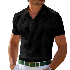 Men's black waffle knit polo shirt with short sleeves and buttons in a front view