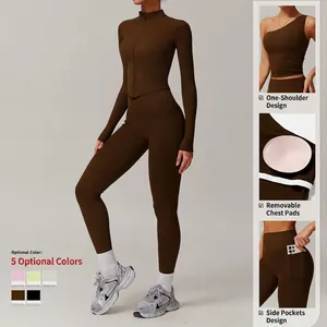 Ensemble de yoga marron chocolat avec veste zippée et legging taille haute à poches