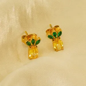 Pineapple Stud Earrings Stainless Steel 18K Gold Plated Yellow Green Zircon Tropical Jewelry For Women