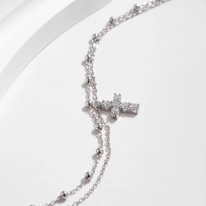 S925 sterling silver double-layer cross pendant necklace with sparkling white zircons