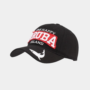Detail of washed cotton golf cap with ONE HAPPY RUBA embroidery and shark brim detail