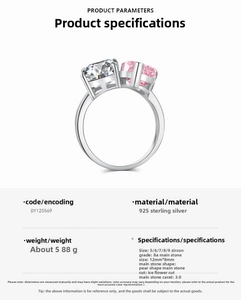 Detail view of S925 sterling silver ring with 3ct pear-cut zircon and specifications