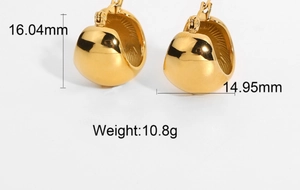 Detailed view of 18K gold plated hoop earrings with 16.04mm height and 10.8g weight specs
