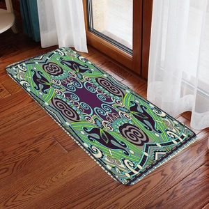 Bohemian style flannel runner rug with colorful geometric patterns on a wood floor
