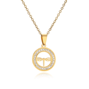 Vintage gold necklace featuring a hollow dragonfly pendant with sparkling rhinestones