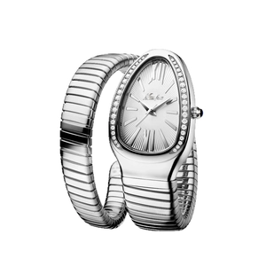 Silver snake-shaped watch for women with crystal bezel and spiral steel bracelet
