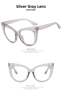 Detail of silver grey cat eye glasses with glitter finish and anti-blue light lenses