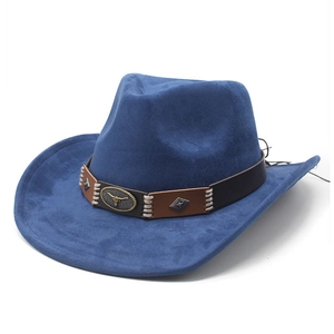 Detail of dark blue faux suede cowboy hat with vintage metal bull head buckle and studs