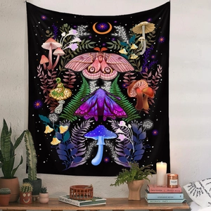 Detail of moon phase tapestry featuring moths and mushrooms in a bohemian interior setup
