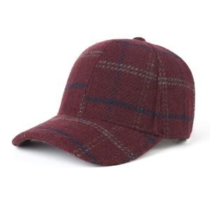 Classic wine red plaid baseball cap with warm wool blend fabric for autumn and winter wear