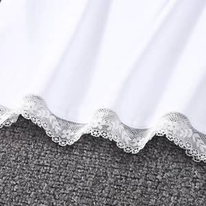 Close-up of intricate white lace trim stitching on minimalist slim-fit autumn blouse