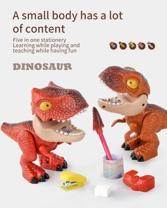 Detail of 5-in-1 dinosaur stationery set with stapler, pencil, eraser and sharpener