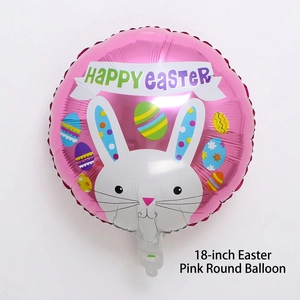 Detail of 18 inch pink foil balloon with Easter bunny, colorful eggs and Happy Easter text