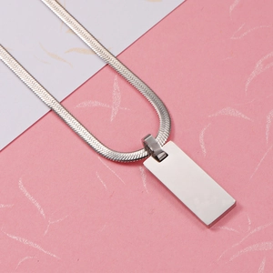 Minimalist silver rectangle bar pendant necklace with sleek stainless steel snake chain