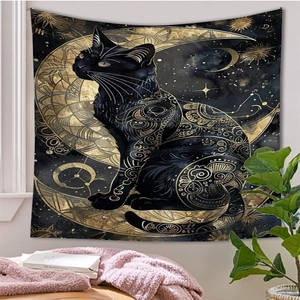 Detail of wall tapestry featuring black cat with gold mandala and moon star background