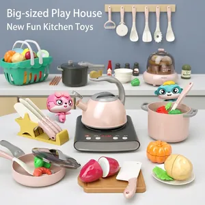 Kids play kitchen set with pots pans and realistic toy food in pastel colors