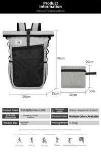 Detailed view of waterproof roll-top travel backpack with front mesh pocket and small pouch