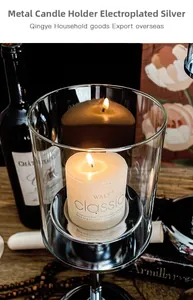 Macro detail of silver electroplated metal candle holder with clear glass cover and candle
