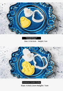 Detailed size view of snowman-shaped mini cookie cutters and 3D embossed plastic molds