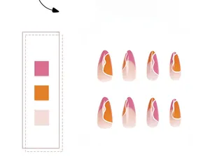 Detail of almond press-on nails with pink orange color block and white wave pattern