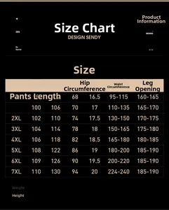Guía de tallas detallada para pantalones casuales de hombre con medidas de la L a la 7XL