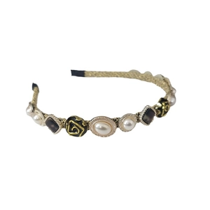French retro gold braided hair hoop with baroque pearls and black vintage charms