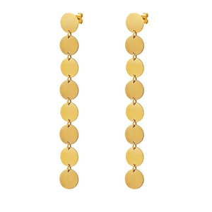 Golden drop earrings with 8 linked round matte titanium steel discs in Bali style