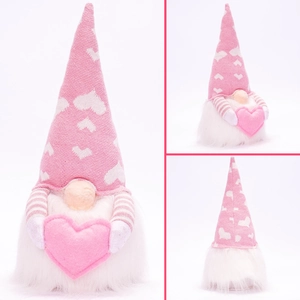 Detailed views of a pink plush Valentine gnome with heart patterns and soft fiber beard