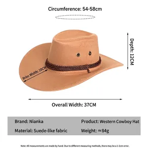 Chapeau de cowboy marron en daim avec guide des tailles et ruban tressé décoratif