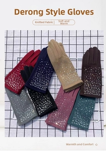 Detailed view of winter thermal gloves featuring sparkling rhinestone cuffs and soft fabric