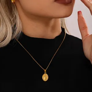 Virgin Mary Miraculous Medal Pendant Necklace 18K Gold Plated Stainless Steel Box Chain Retro Religious Jewelry For Women