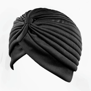 Ethnic black pleated turban hat with layered wrap design for fashion and headwear comfort