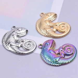 Detailed macro of stainless steel lizard pendants in gold, silver, and rainbow finishes