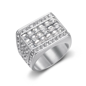 Luxury silver stainless steel hip hop ring for men with square-cut full diamond pavé finish