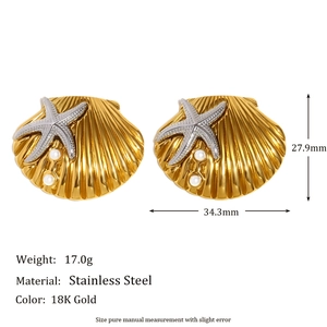 18K gold plated stainless steel scallop and starfish earrings with white pearls