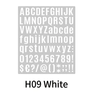 Close-up of white alphanumeric stickers featuring letters, numbers and symbols
