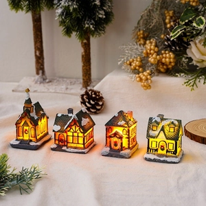 Christmas Luminous Miniature House Resin Snow Covered Village Building With Warm LED Light Desktop Holiday Ornament