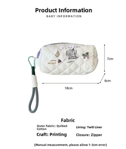 Detailed view of white quilted pencil case featuring elephant print and zipper closure