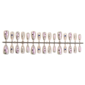 30pcs Aurora Silver Liquid Metal Press-on Nails with Blue Rhinestones and 3D Patterns