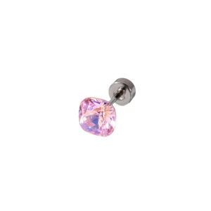 6mm square pink crystal stud earring with titanium steel screw back on white background
