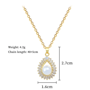 Detailed dimensions of gold drop pearl necklace with sparkling crystals and O-chain length