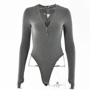 Close-up of gray ribbed knit bodysuit featuring a V-neckline and three button details