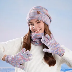 Women Winter Beanie Neck Warmer Gloves Knitted Acrylic Polyester Fleece Lined Thermal Touchscreen Outdoor Mixed Color