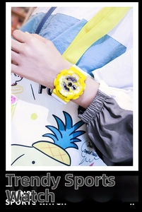 Dual-display yellow sports watch with analog hands and digital screen on a white resin strap