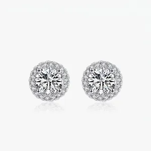925 Sterling Silver Stud Earrings For Women Round Halo Cubic Zirconia Classic Elegant Wedding Party Jewelry