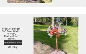 Detailed view of handmade tree of life ornament with colorful crystals and wire trunk